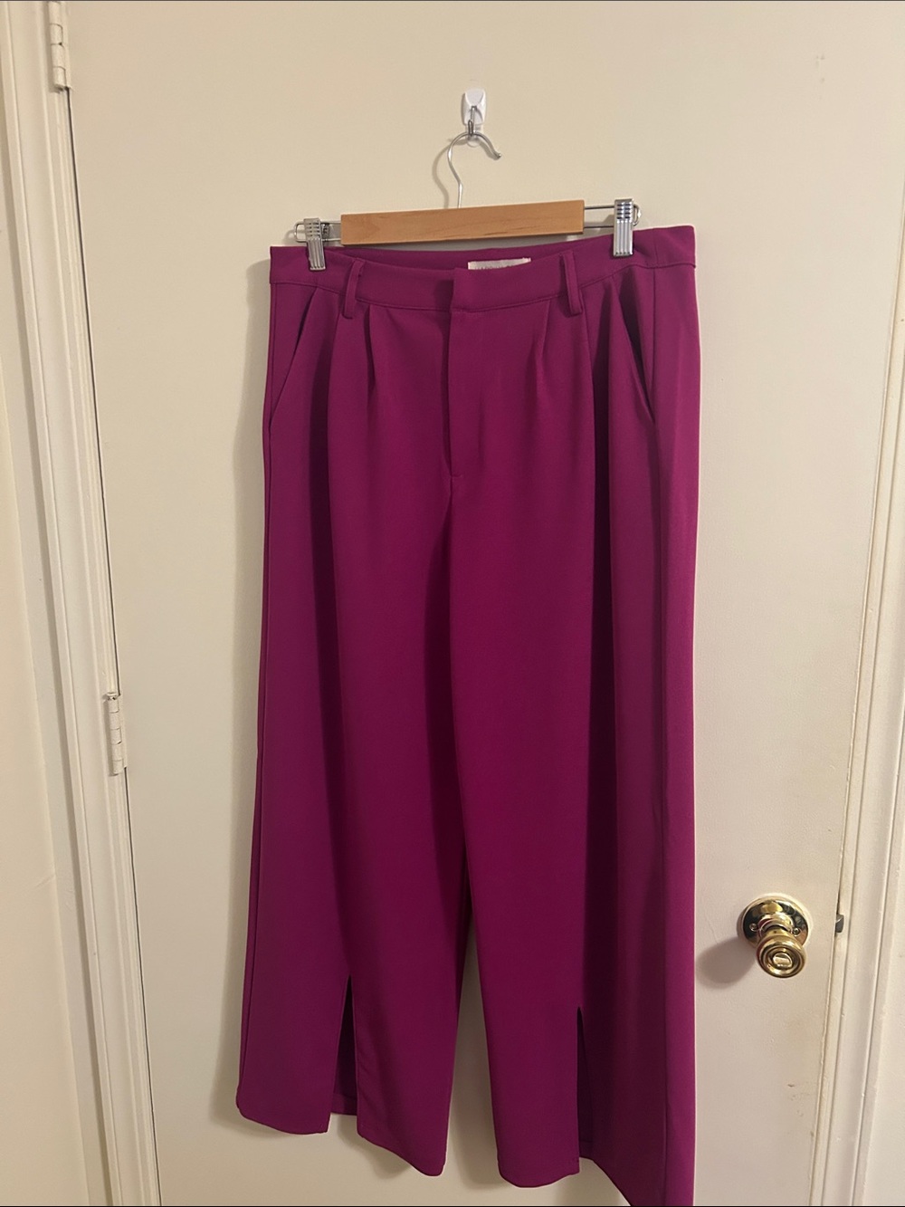 High-Rise Wide Leg Pants with Front Slits in Magenta